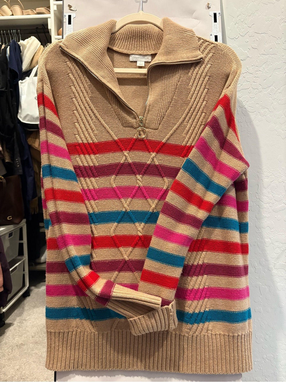 Charter Club Tan Half-Zip Sweater with Pink, Red & Blue Stripes